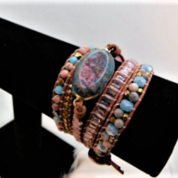 Unique Handmade Wrap Bracelet with , JasperTurquoise & Amazonite Natural Stones - Picture 3 of 10